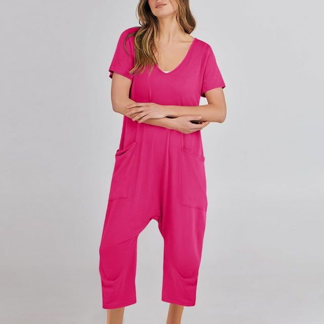 Combinaisons pour Femmes, Combinaison Décontractée Mode pour Femmes à Manches Courtes, Combinaisons Unies, Pantalon à Jambe Grand avec Poche
