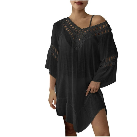 Oplxuo Women's Plus Size Crochet Hollow Out Swimsuit Cover Ups Summer Loose V Neck Sexy Backless See Through Beach Dress