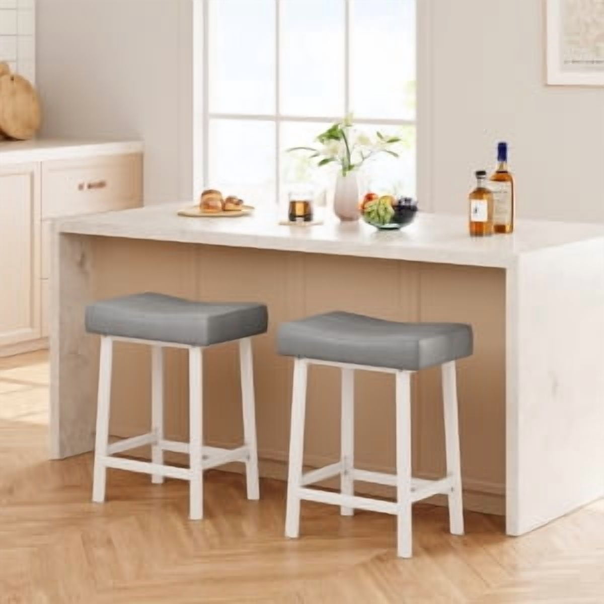 Acekid Bar Stool Set of 4&nbsp;– 24 Inch Counter Height, Upholstered Padded Seat with Curved Surface, Ergonomic Saddle Design for Kitchen/Home, White + Grey Cushion