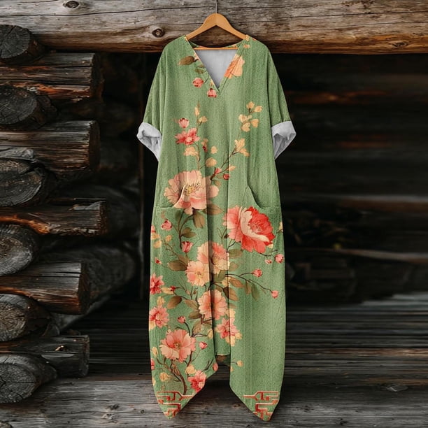 casual retro style dresses AUNVITO Women's Loose Fit Vintage Print V-Neck 3/4 Sleeve Dress with Pocket and Irregular Hem eos-sale-26-40off Size:30EU / 13US What's Included — The Outfit ideas