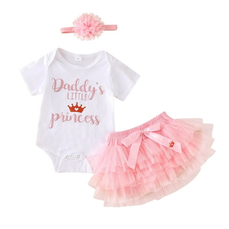 

Outfits Set For Toddlers Girl Short Sleeve Letter Prints Romper Bodysuit Tulle Skirts Headbands Outfits For 6-12 Months
