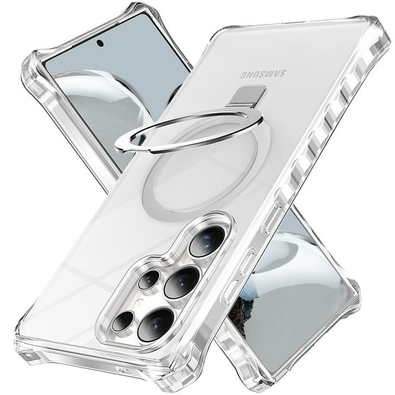 ELEHOLD Case for Samsung Galaxy S24 Ultra, Shockproof Magnetic Matte Clear Case with Ring Holder Stand,Clear