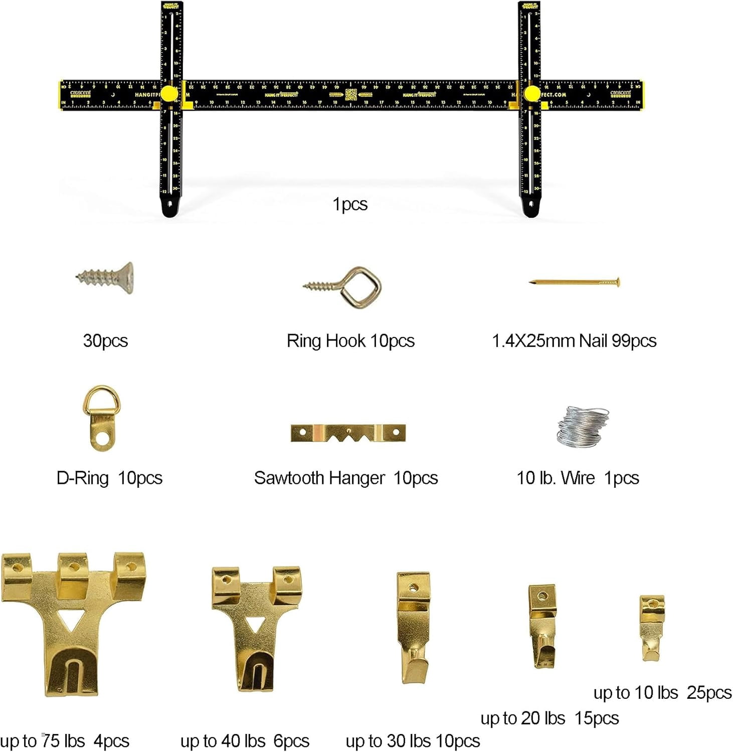 Hang It Perfect Picture Hanging Tool with Level, Picture Hanger Tool and Wall Hangers for Pictures, Frame Hanging Kit with 220-Piece Picture Hanging Kits, 36 inch- Black