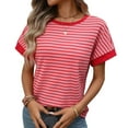 thumbnail image 4 of Ohufall Trendy Womens Tops Soft Comfortable Short Sleeve T-shirts Patchwork Crew Neck Stripes Pullover Tops, 4 of 9