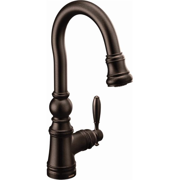 Moen S53004ORB Weymouth Shepherd's Hook Pulldown Kitchen Bar Faucet Featuring Metal Wand with Power Clean, Oil-Rubbed Bronze