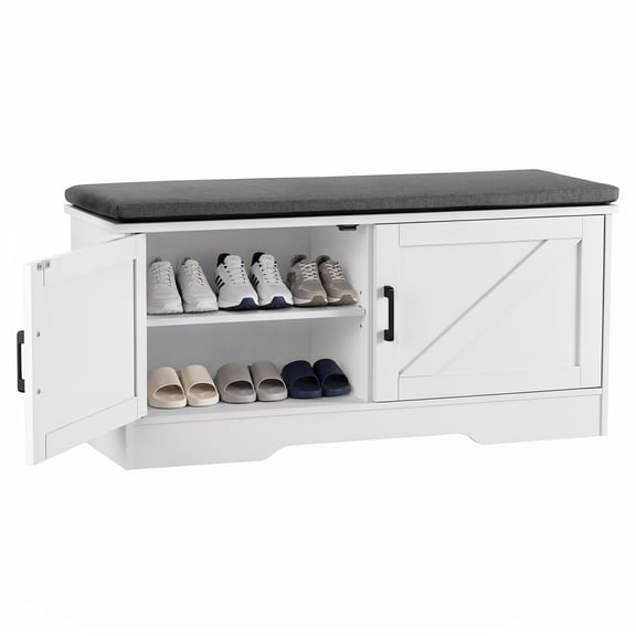CONCETTA 39 Inch Width White Storage Bench, Padded Seat Entryway Shoe Bench Featuring 4 Barn Doors and Adjustable Storage Shelf