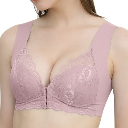 

Sngxgn Sports Bras Women s Plus Size Front Closure Wide Straps Lace Wirefree Unadded Everyday Bra Pink 2XL