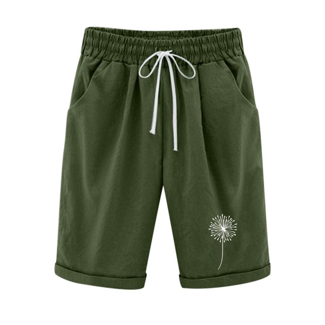 Besolor Summer Cotton Linen Shorts for Women Printed Elastic Waist Drawstring Knee Length Bermuda Shorts with Pockets