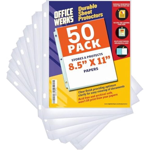 Sheet Protectors for 3 Ring Binder, 50 Pack Clear Page Protectors 8.5 x 11 Inch, Top Loading Plastic Sleeves, Reinforced Holes, Archival Safe, Non-Glare, PVC Free