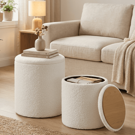 LEDREM Set of 2 Round Storage Ottomans, Teddy Fleece Vanity Stools with Removable Lid, Footrest & Coffee Table, for Living Room, Bedroom, Cream White