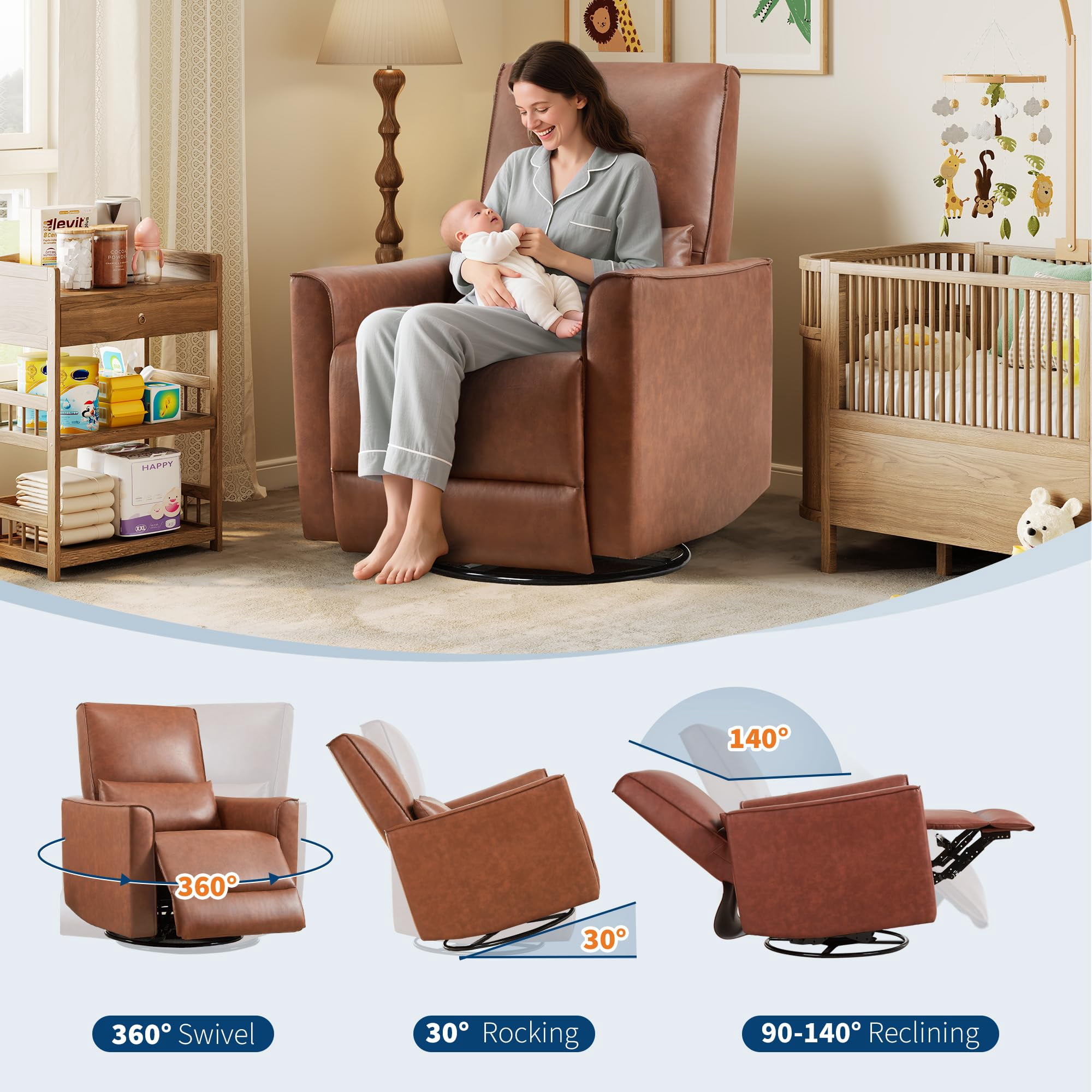 Swivel Rocking Recliner Chair, 360° Leather Recliner with Adjustable Backrest Rocker Recliner Glider Deep Seat PU Leather Sofa Chair with high Backrest for Living Room, Bedroom,Nursery