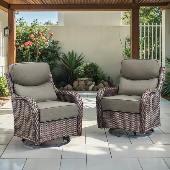 OPOHORO High Back Outdoor Swivel Patio Chairs Set of 2, 6-Inch Thick Cushions Outdoor Brown Wicker Swivel Glider Rocking Chairs for Porch Deck - Gray