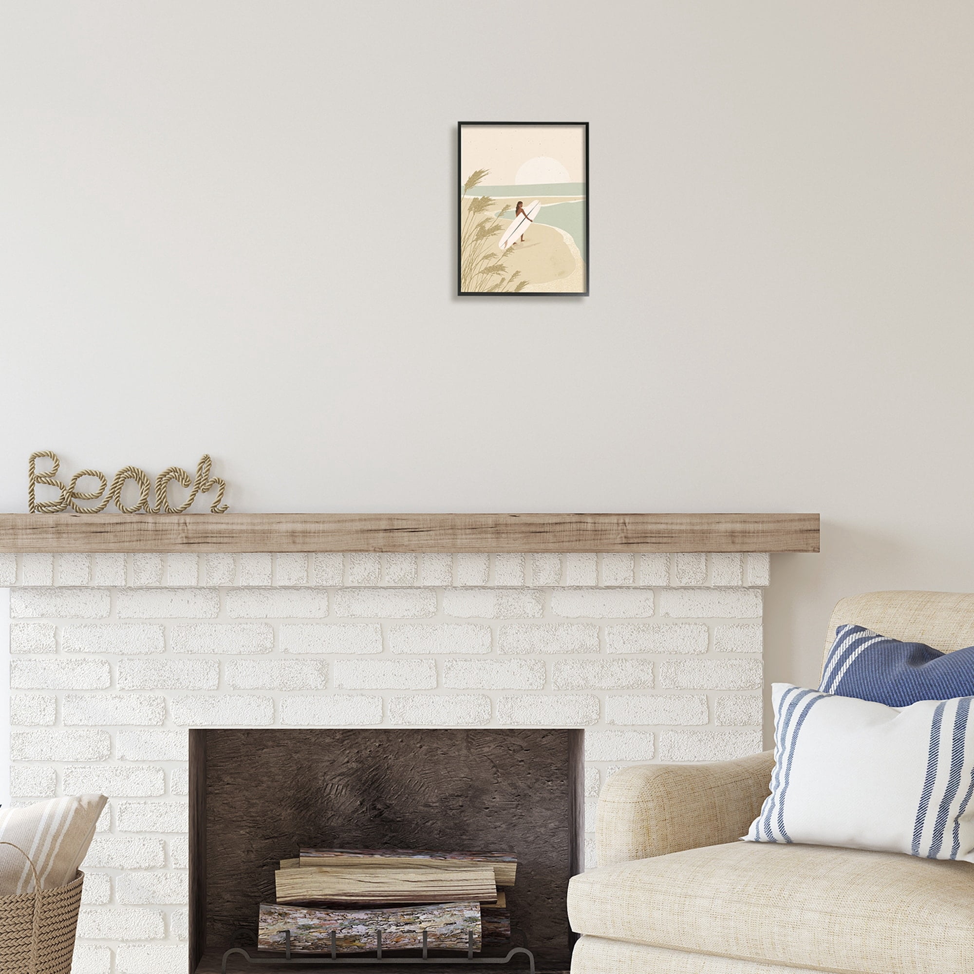 Stupell Industries Neutral Beach Sunset Surfing Woman Coastal Painting White Framed Art Print Wall Art