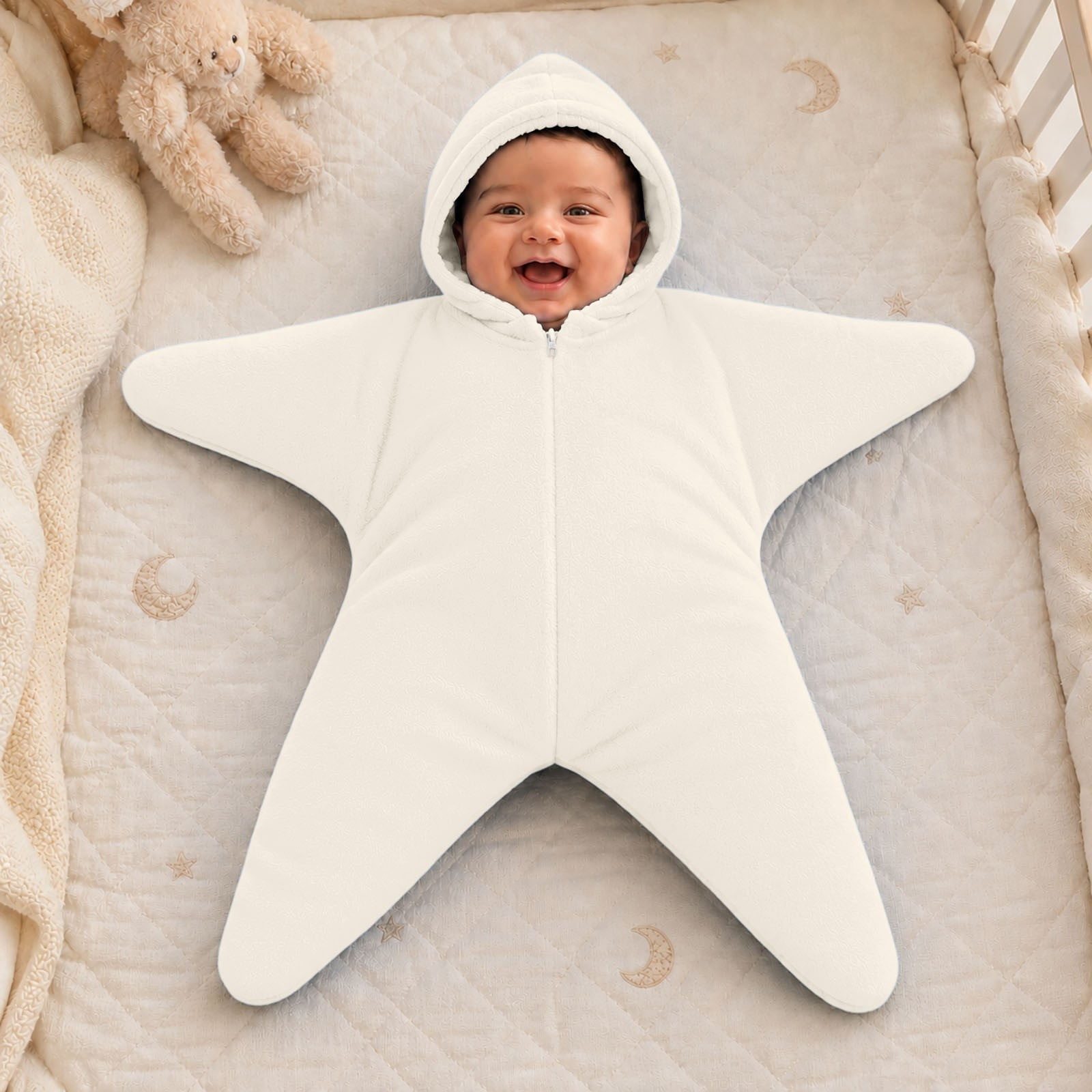 Baby Star Suit, Solid Color Star Shape Flannel Romper for Baby 0-3 Months, Soft Warm Zip Jumpsuit, Cozy Sleepwear Playwear (Beige, 70cm(0-3months))