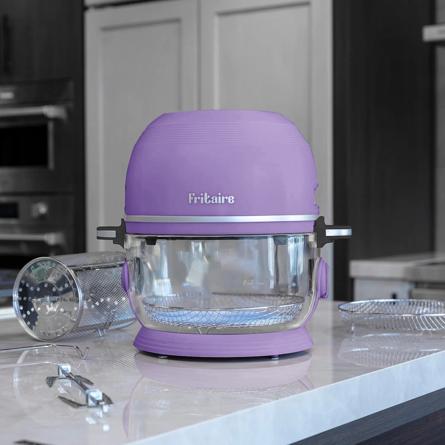 Fritaire Self-Cleaning Glass Bowl Air Fryer, 5 Qt, 6 Functions, BPA Free, Rotisserie/Tumbler, Lavender