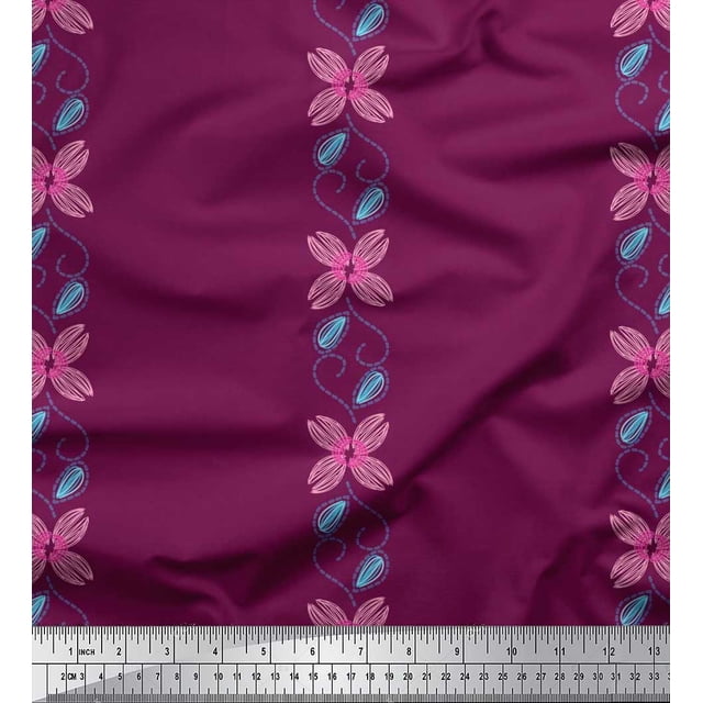 Soimoi Rayon Fabric Leaves & Floral Hand Drawn Printed Fabric 1 Yard 56 Inch Wide