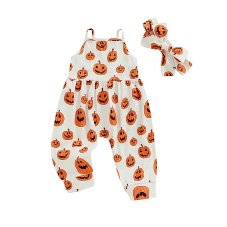 

Binshrliy Little Girls Halloween One-pieces Toddler Pumpkin Print Sleeveless Jumpsuit Headband 12M 24M 3T 4T 5T 6T Kids Romper Casual Clothing