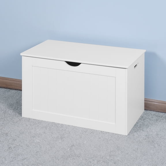 White Lift Top Entryway Storage Cabinet Wooden Toy Box with 2 Safety Hinges