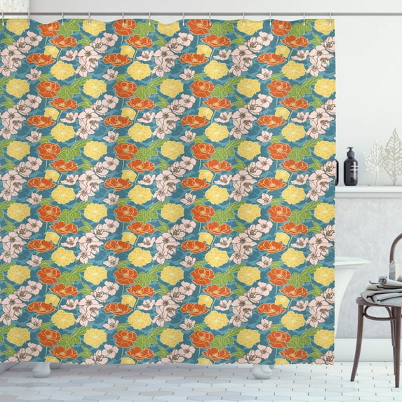 Spring Shower Curtain, Ornamental Bouquet of Poppies and Wildflowers Pattern on Blue Shades Background, Fabric Bathroom Set with Hooks, 69W X 84L Inches Extra Long, Multicolor, by Ambesonne
