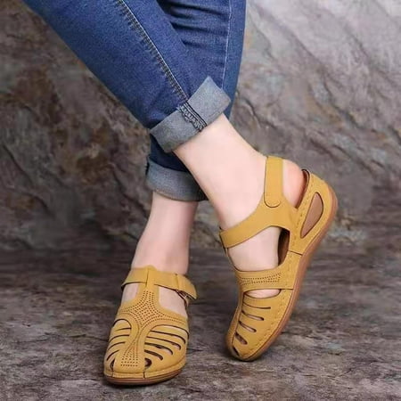 

SHRZRA Hollow Closed Toe Sandals for Women Soft PU Leather Vintage Summer women Casual Non-Slip Beach Platform Shoes Sandals apply to beach seaside walk Yellow 39
