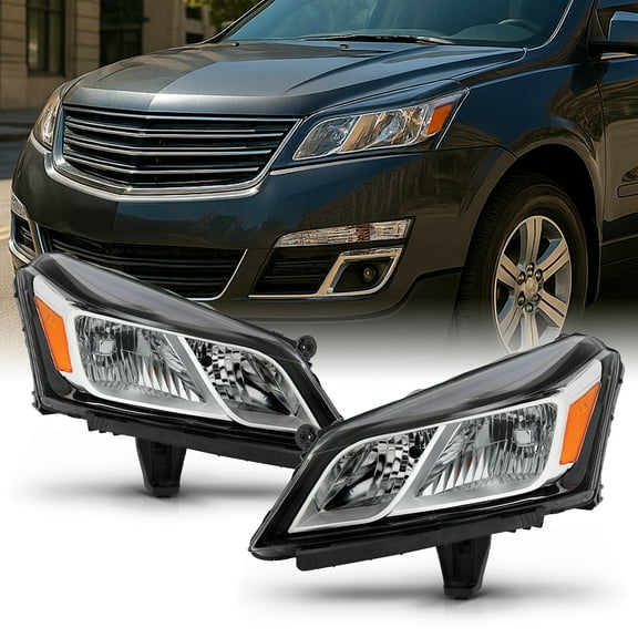 AKKON - Fits 2013 2014 2015 2016 2017 Chevy Traverse [Halogen Type] Chrome Headlights Pair Headlamps Driver Left Passenger Right