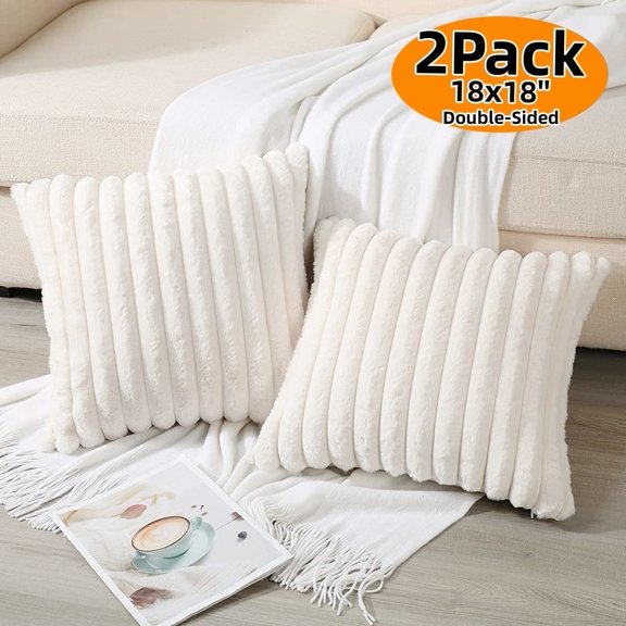 Faux Fur Plush Throw Pillow Covers, Double-Sided Fuzzy Striped Soft Pillowcase Cushion Covers for Sofa Couch Bedroom Home,  (Cream White,18x18 ,2Pack)