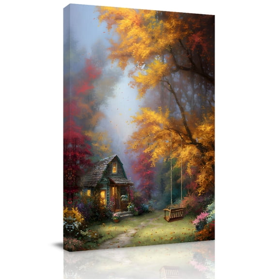 Canvas Wall Art, Country Forest Framed Canvas Prints for Bathroom Hallway, Fall Farmhouse Trees Cabin Nature Scenery Small Gallery Wrapped Wall Decor for Home Office, Gifts, 8"x10" Ship Next Day