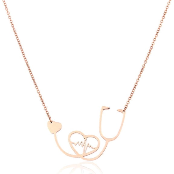 Rose Gold ECG Stethoscope Necklace Pendant Love Heart Titanium Steel Lighting Necklace for Women Jewelry