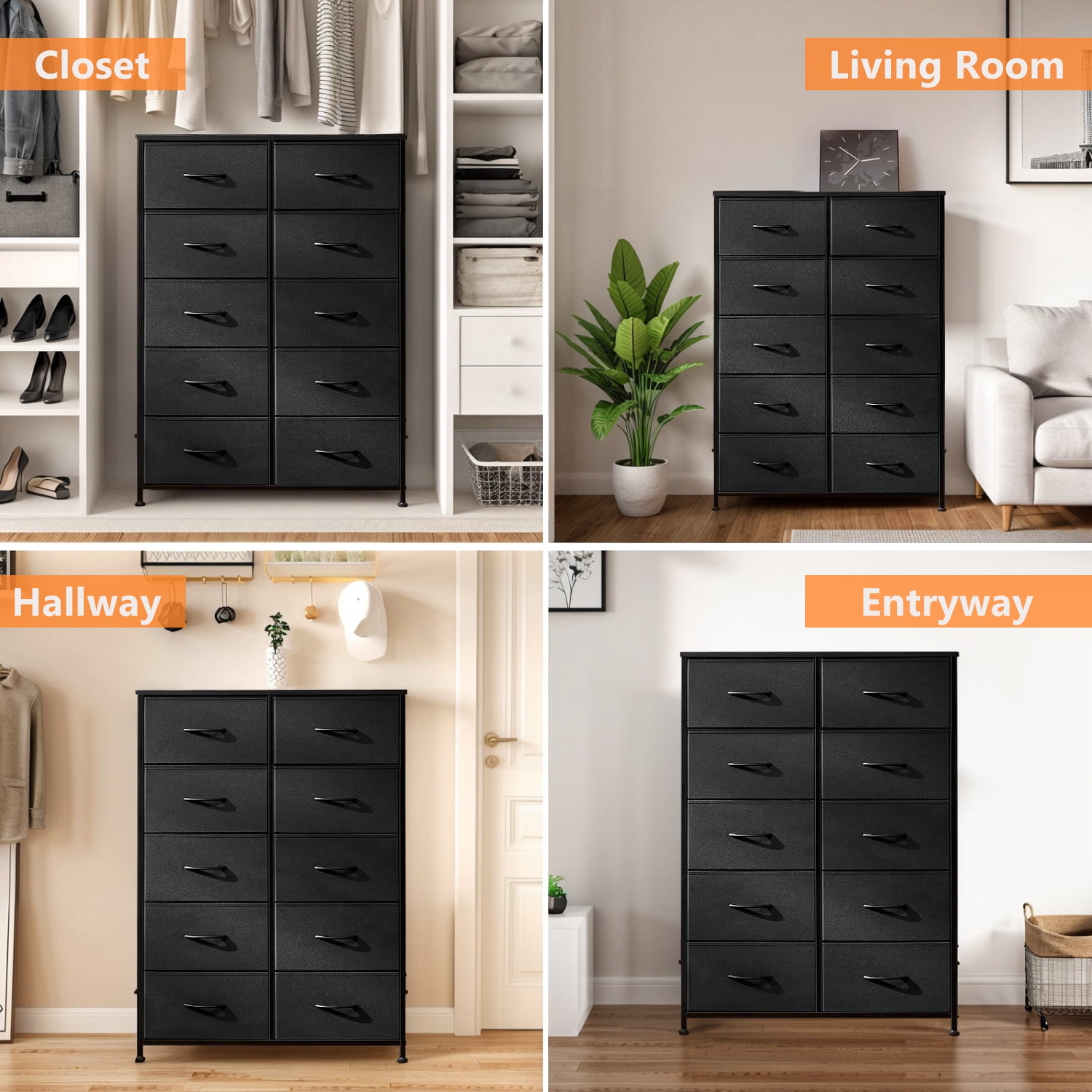 Modern 10 Drawer Fabric Dresser, Chest of Drawer Organizer Storage Cabinet for Bedroom Clothes Closet, Entryway,Black