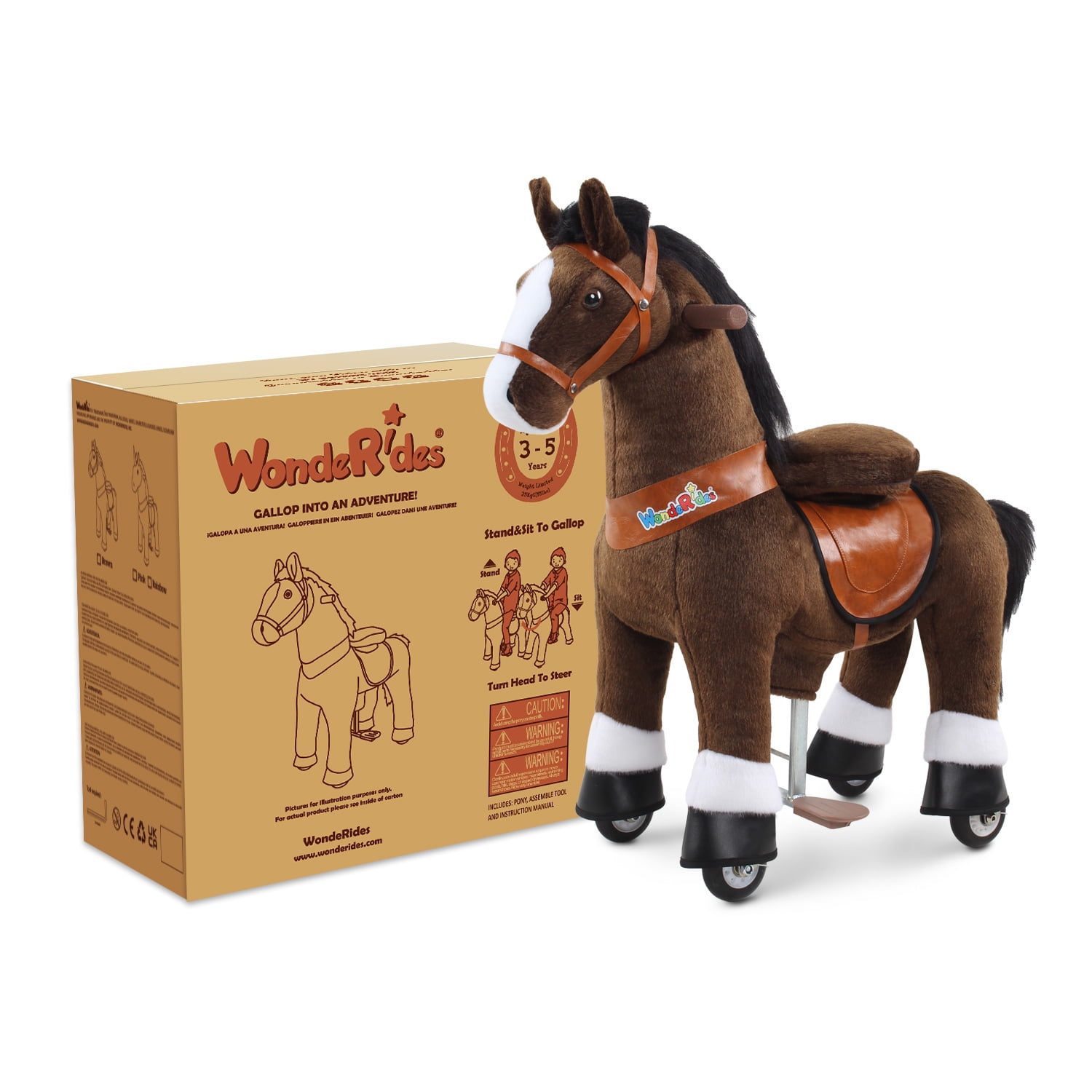 WondeRides Ride on Rocking Horse Boys Toy Chocolate, Plush Walking Animal Ride on Pony Cycle Mechanical Riding Horse for Kids Age 3-5