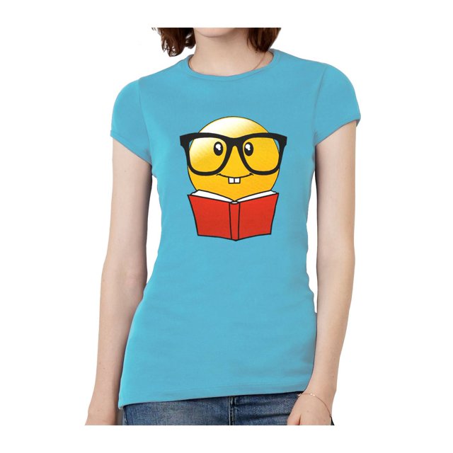Womens Emoticon Reading Book Short-Sleeve T-Shirt - Turquoise - Medium