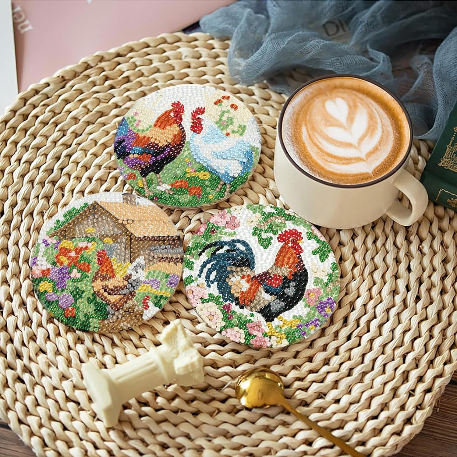8 Pcs Animals Diamond Art Coasters Kits with Holder, Chicken Diamond Painting Coasters Kits for Adults, DIY 5D Diamond Dots Small Mini Kit Full Drill Art Craft Supplies 4X4 Inch