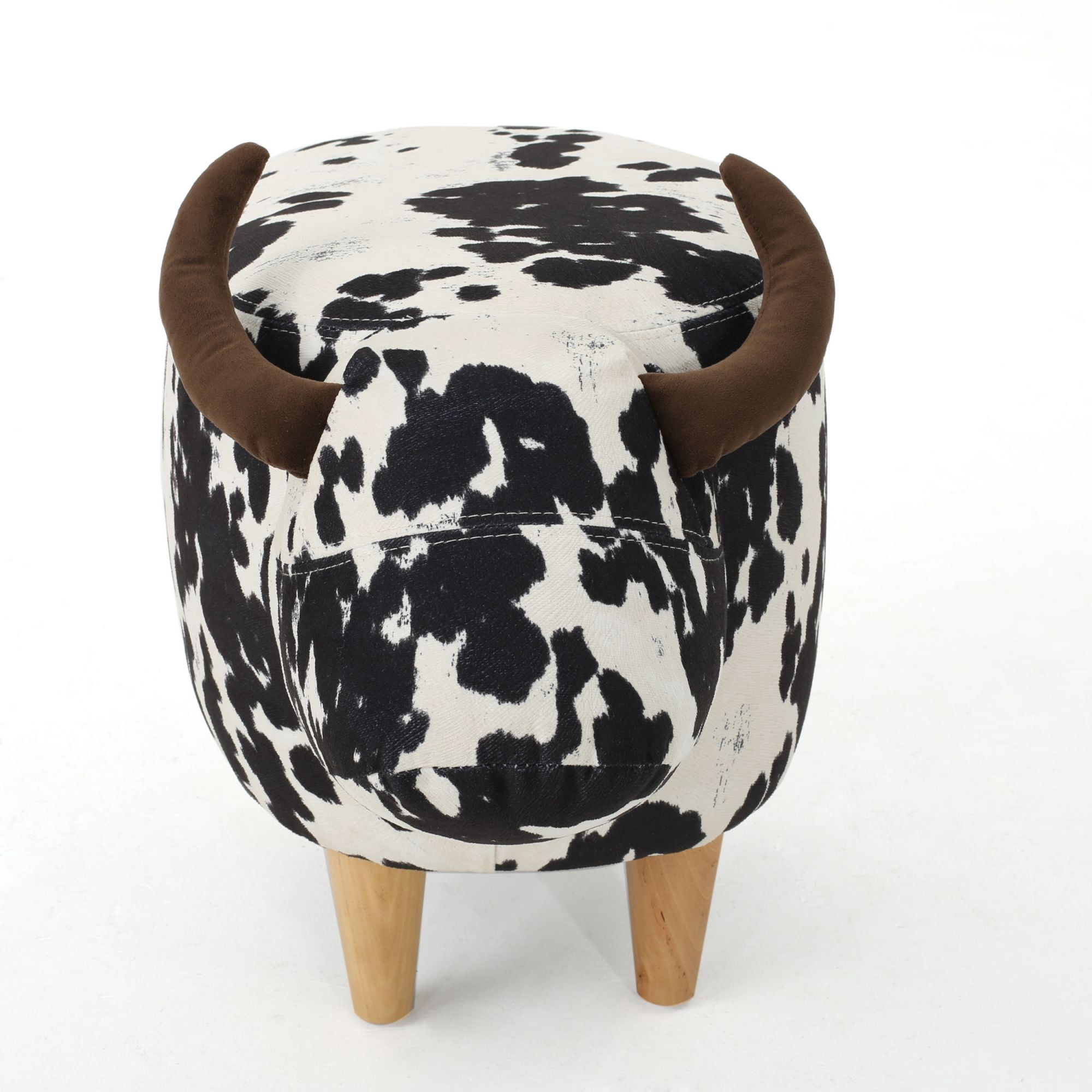 Cow-Shaped Ottoman with Velvet Horns and Birch Legs, Black and White Animal Footstool for Living Room and Bedroom