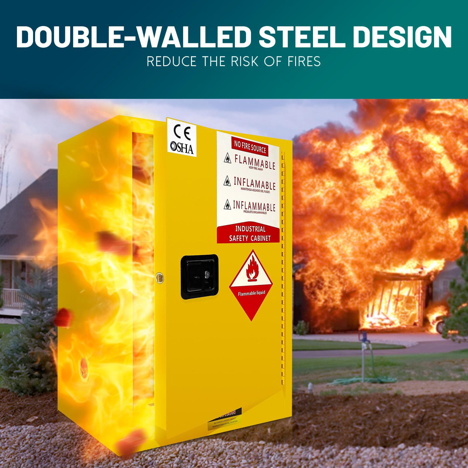 Flammable Safety Cabinet, 35" Double-Walled Steel Fireproof Cabinet with 3-Point Lock, 180° Hinge Door, Yellow Industrial Chemical Storage Cabinet for Lab, Workshop, Garage