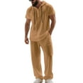 thumbnail image 2 of Kakii Men's Beach Hoodie Set, Light Taupe Short Sleeve Hooded Shirt & Drawstring Pants, Linen Blend Casual Lounge Outfit for Vacation, 2 of 9