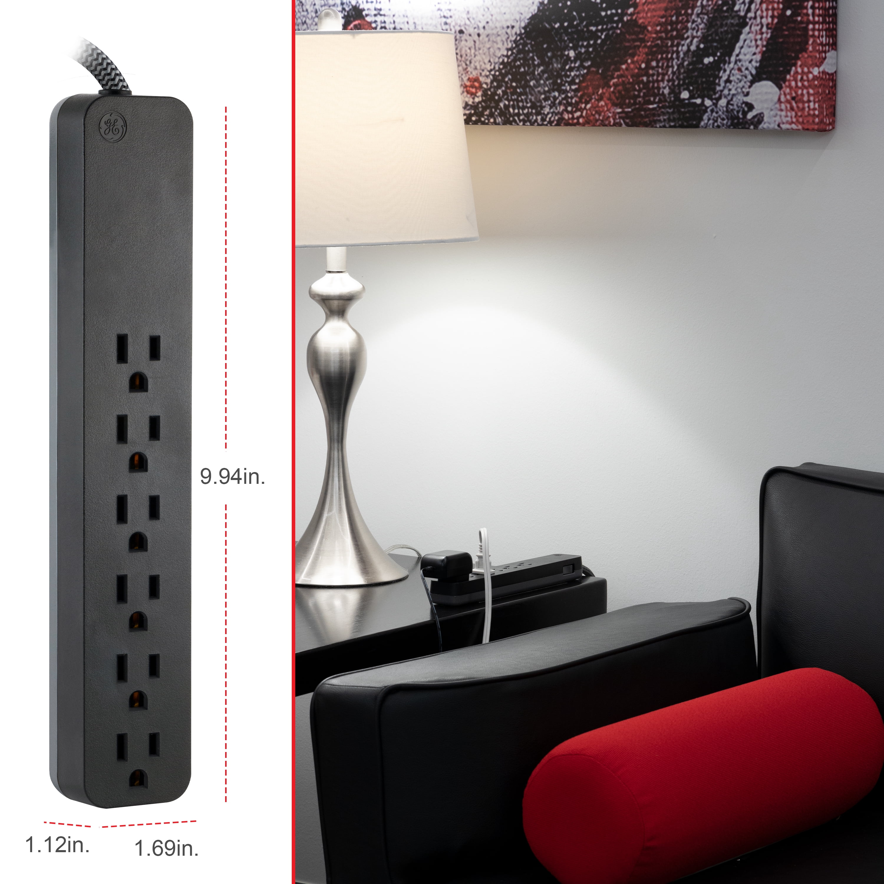 GE 6-Grounded Outlet Surge Protector, 840J, 15ft. Braided Cord, Black – 62939