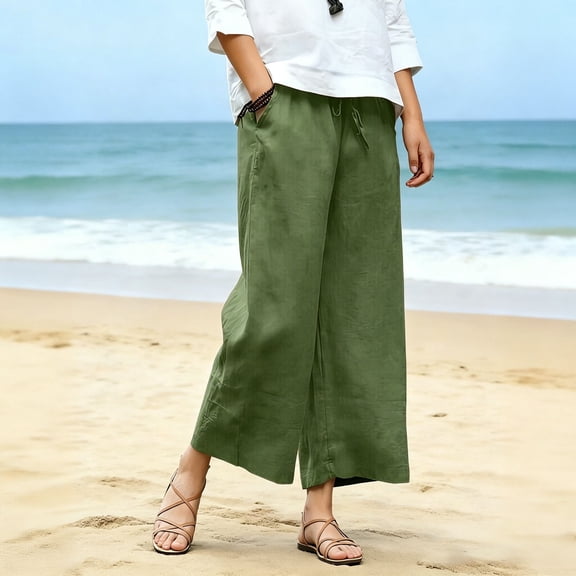 Cagogo Women's Wide Leg Capri Pants Summer Casual Elastic Waisted Cropped Palazzo Pants with Pockets Beach Lounge Trousers Solid Vacation Beachwear, Army Green L