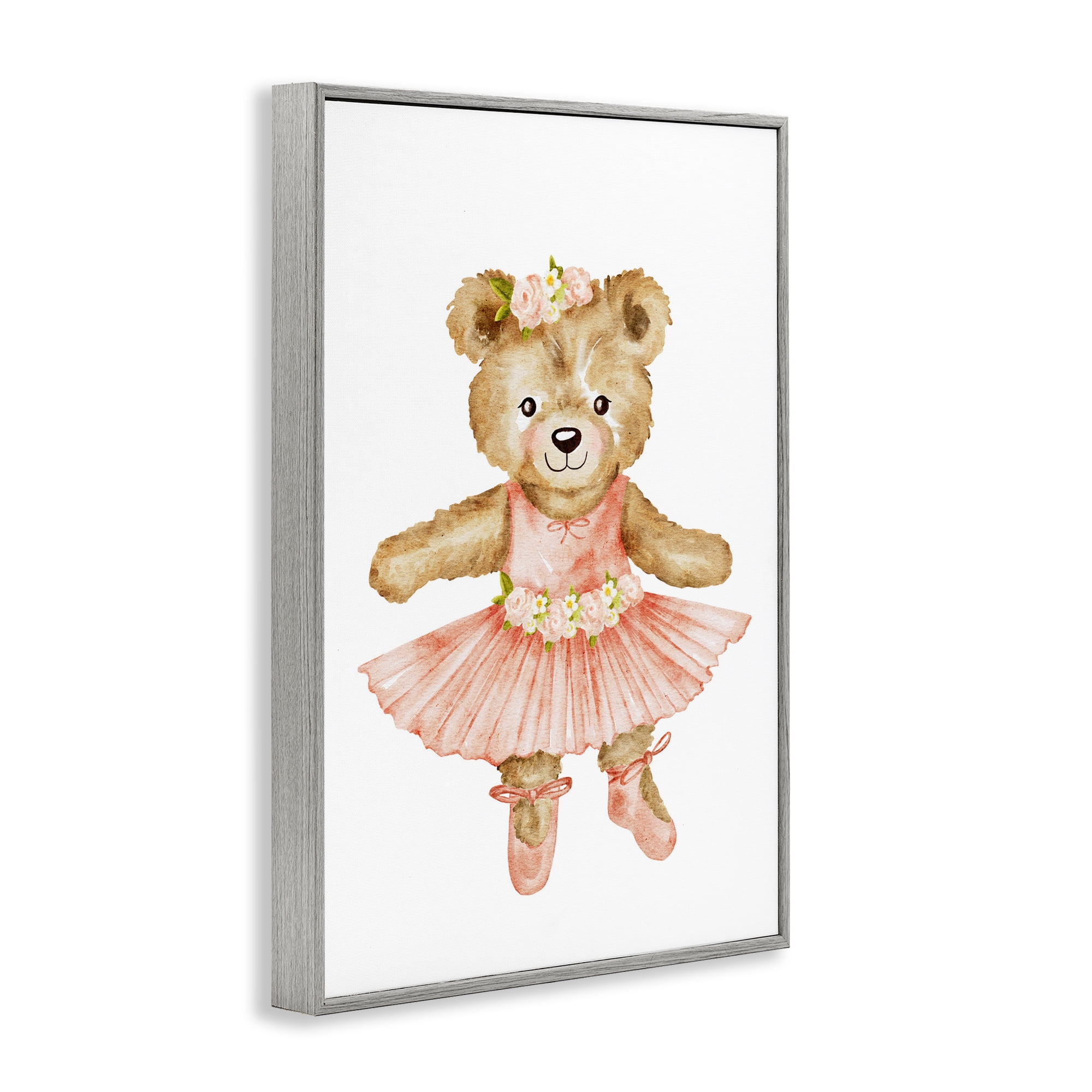 Floral Ballerina Teddy Bear Gray Framed Giclee Art, design by Amy Hall