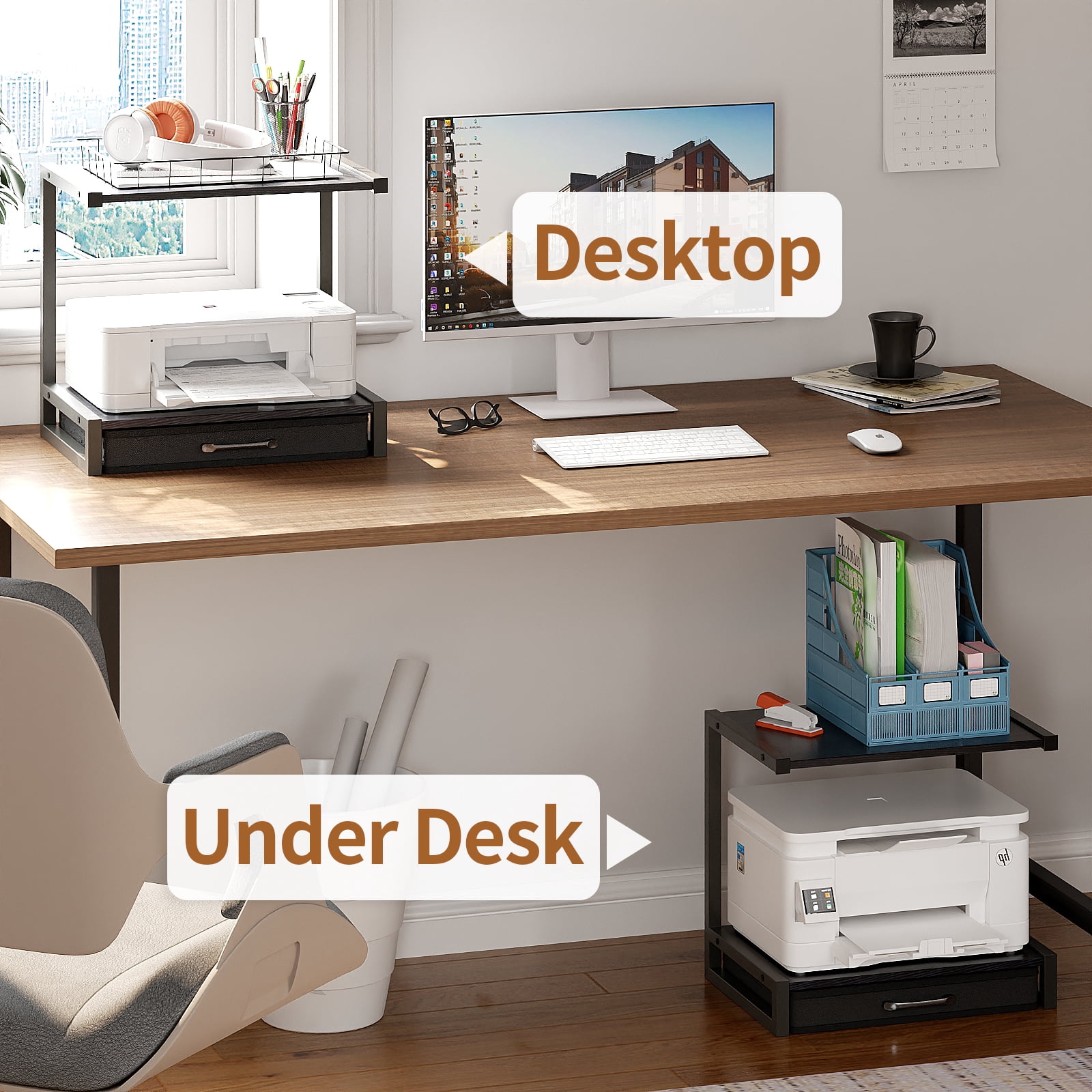 MIN EN WIN 2-Tier Monitor Stand Riser with Fabric Drawer, Sturdy Desk Organizer for Adult Home Office