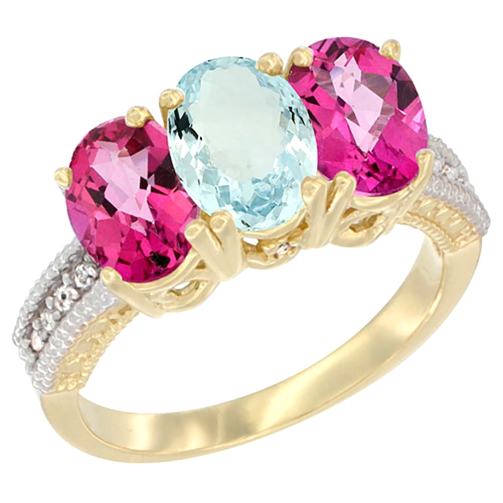 14K Yellow Gold Natural Aquamarine & Pink Topaz Sides Ring 3-Stone 7x5 mm Oval Diamond Accent, sizes 5 10 by WorldJewels
