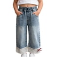 thumbnail image 2 of ITSAME Girls Straight Leg Jeans, Lace Trim Stretchy Waist with Pockets Kids Loose Casual Denim Pants Blue Size 7, 2 of 9