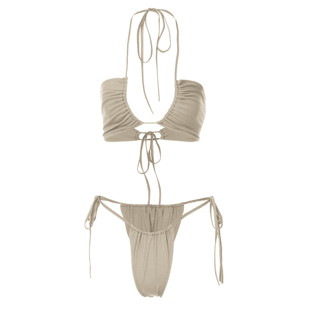 Womens Sexy Two Piece Bikini Suits Fashion Solid Color Halter Tops and Tie-up Mid-waist Thong