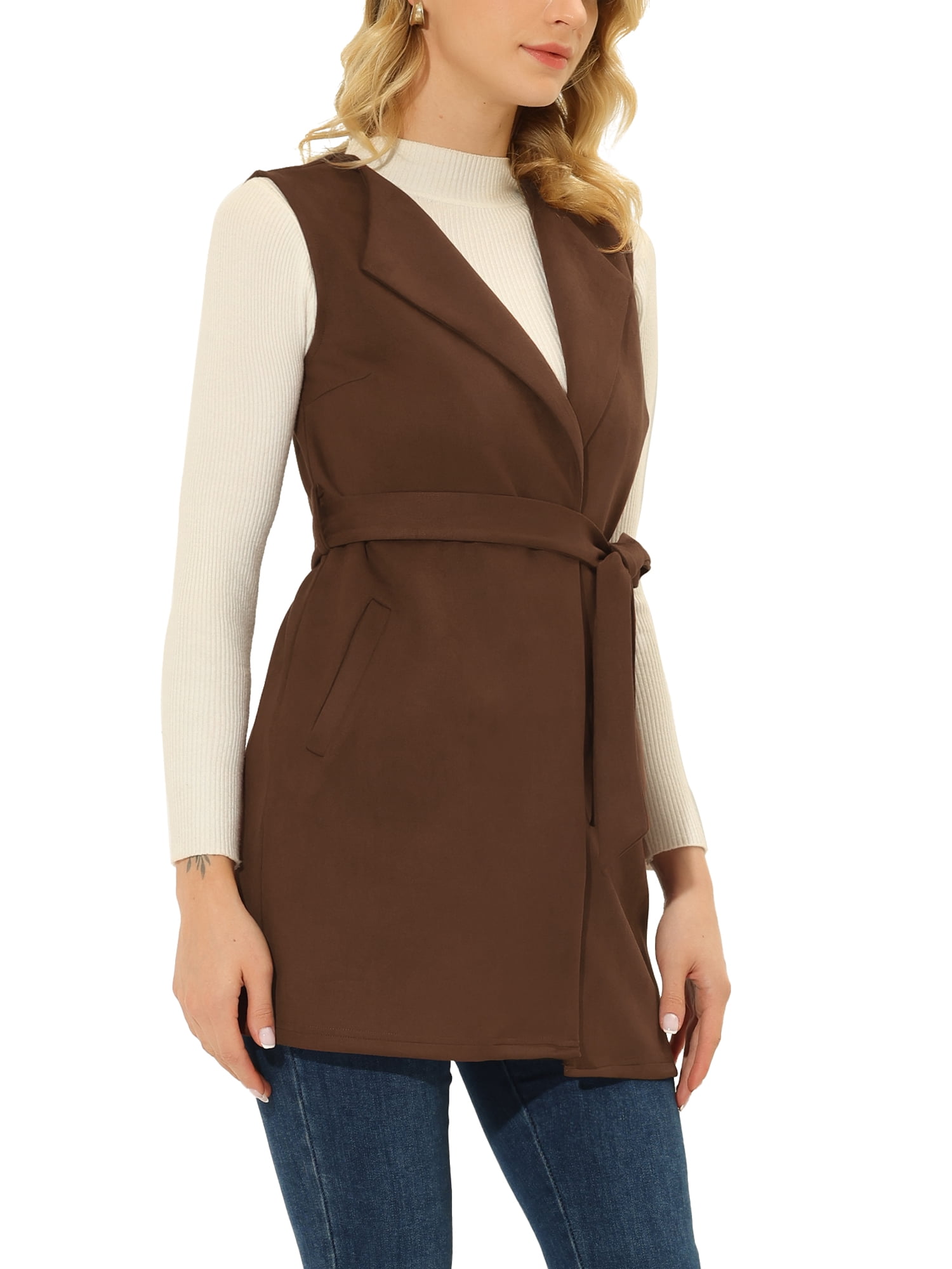 DARING DIVA Women's Suede Lapel Collar Tie Waist Blazer Jackets XL Brown