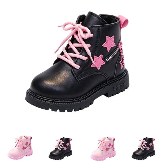 IEMIEMIEM Boots for Girls with Side Zipper Lace Up Star Print Girls Beige Comfortable Cute Combat Boots Kids Boot for Kids/Toddler Girl Boot Black 6 Toddler