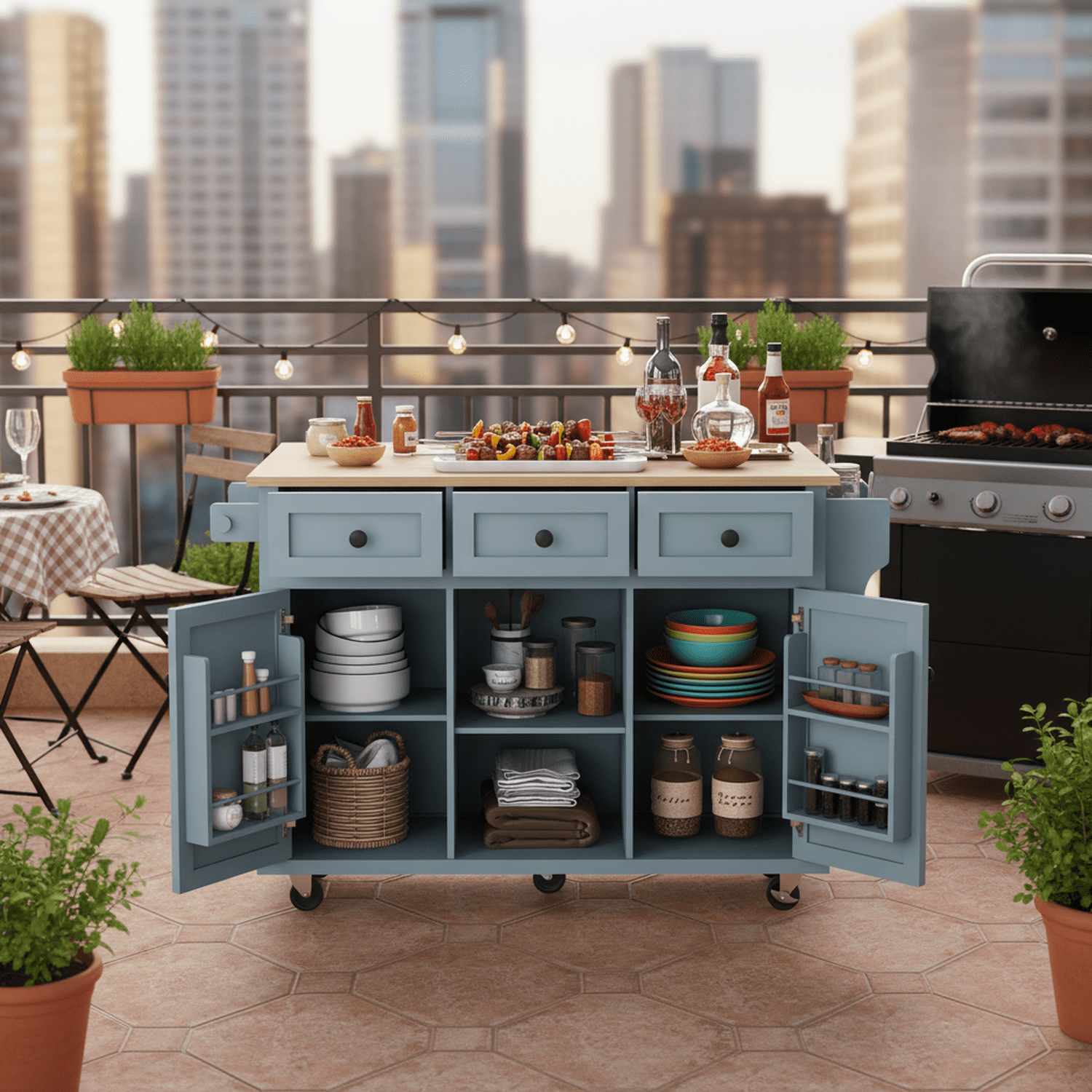 Homy Casa Kitchen Serving Cart with Folding Top Drop Leaf, Storage Cabinet and Wheels, Grey Blue