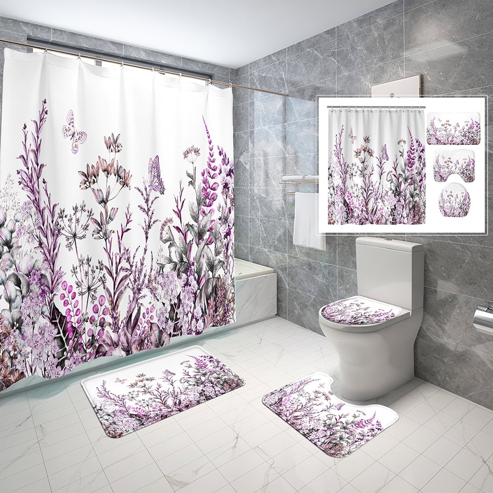 4 Pcs Purple lavende Shower Curtain Set Grey and White Bathroom Sets ...