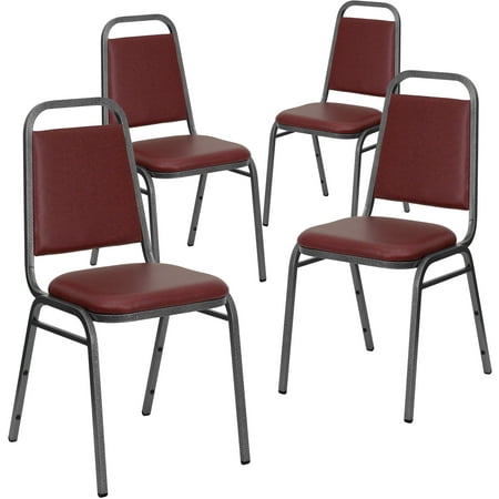Flash Furniture 4 Pack HERCULES Series Trapezoidal Back Stacking Banquet Chair in Burgundy Vinyl - Silver Vein Frame