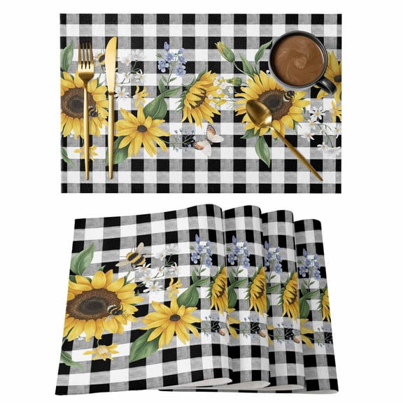 Sunflower Placemats Set of 12, Rustic Floral Butterfly Bee Black White Plaid Placemats for Dining Table, Place Mats for Kitchen Tabletop, Waterproof Wipeable Dining Table Mats Set