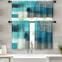 Turquoise Kitchen Window Curtains Valance and Tier Set, Teal Grey Modern Rod Pocket Short Tier Curtain, Abstract Art Small Cafe Drapes for Kitchen Decor 52" x 24"