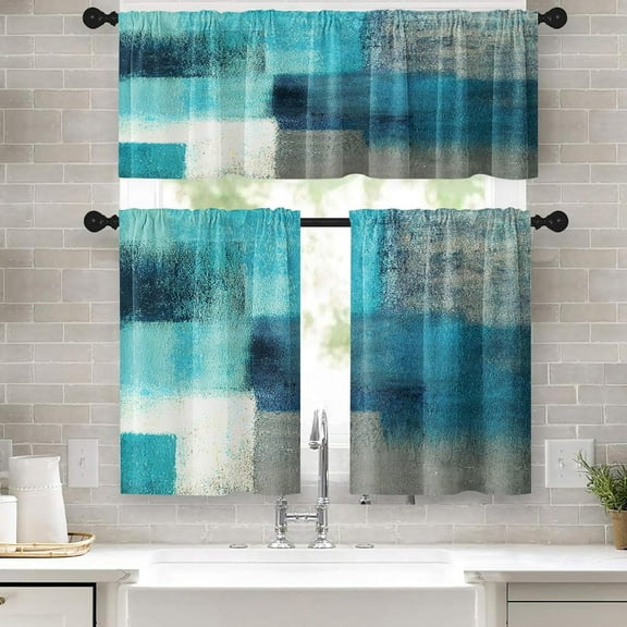 Turquoise Kitchen Window Curtains Valance and Tier Set, Teal Grey Modern Rod Pocket Short Tier Curtain, Abstract Art Small Cafe Drapes for Kitchen Decor 52" x 24"